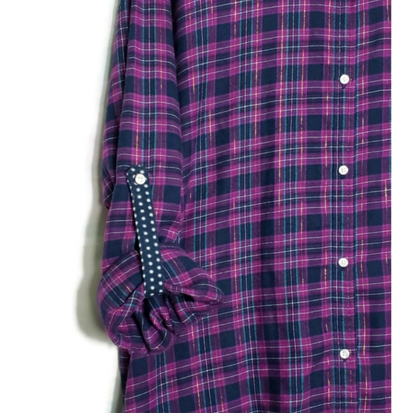 Plaid Flannel Button Up Top Roll Tab Sleeves XXL - Picture 4 of 8